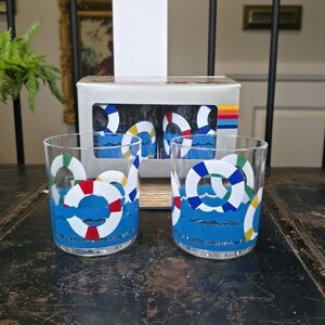 Vintage Nautical Glass Set with Blue and Red Accents Barware